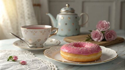 Pink Glazed Donut and Tea Cup - Morning Breakfast Scene in High Key Food Photography