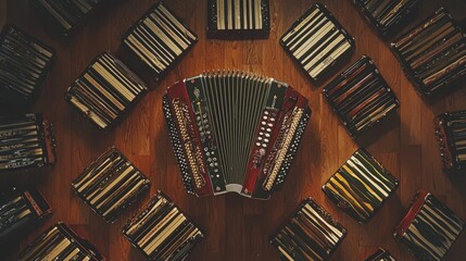 A red and green accordion surrounded by numerous accordions in various colors and patterns, arranged on a wooden floor.