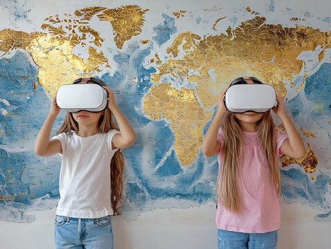 Students Exploring 3D Topographical World Map in Virtual Reality Classroom Concept with Clean Backdrop