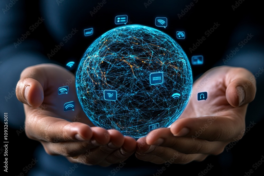 Poster A high-tech representation of global language translation technology, showing a holographic globe hovering above a personâ€™s hands. The globe is surrounded by speech bubbles in multiple languages,