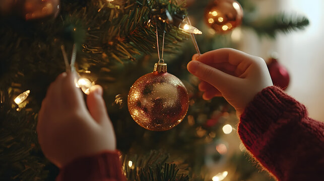 acercamiento de las manos de un ni&ntilde;o ayudando a decorar el arbol de navidad poniendo las esferas en el arbol navide&ntilde;o emociones en visperas de navidad