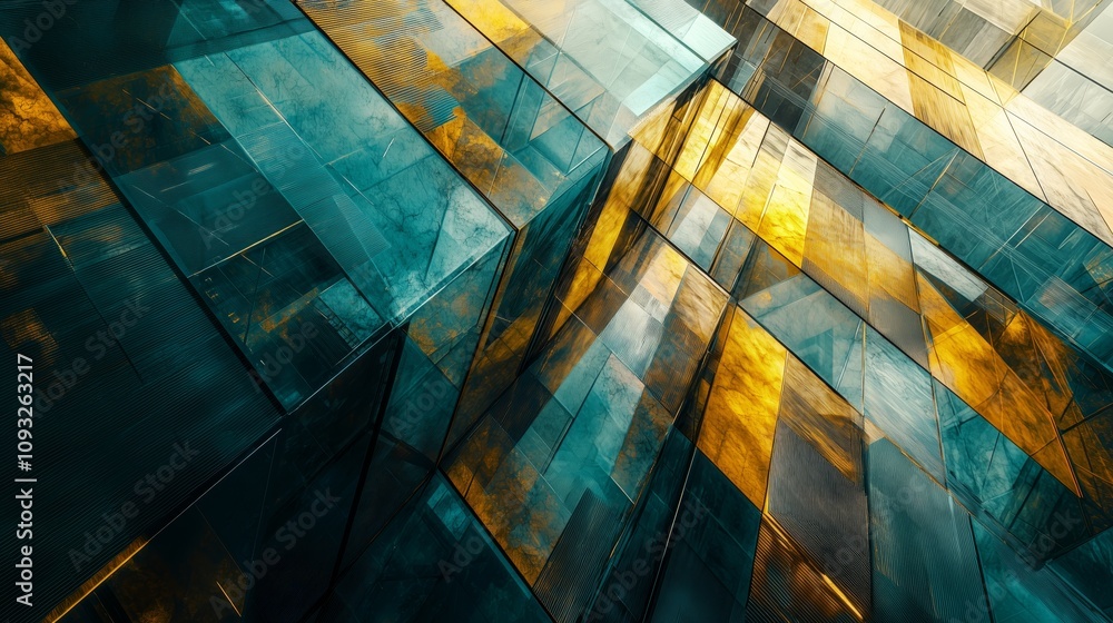 Poster abstract dynamic display of overlapping translucent acrylic shapes with gold and blue tones in geome