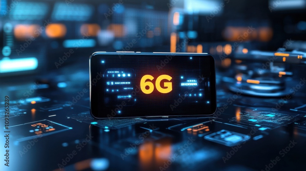 Poster futuristic smartphone displaying 6g technology concept on a digital interface with abstract patterns