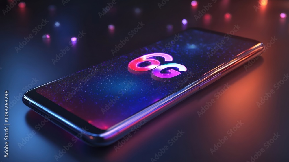 Aufkleber modern smartphone displaying 6g technology in a colorful light environment, capturing the future of 