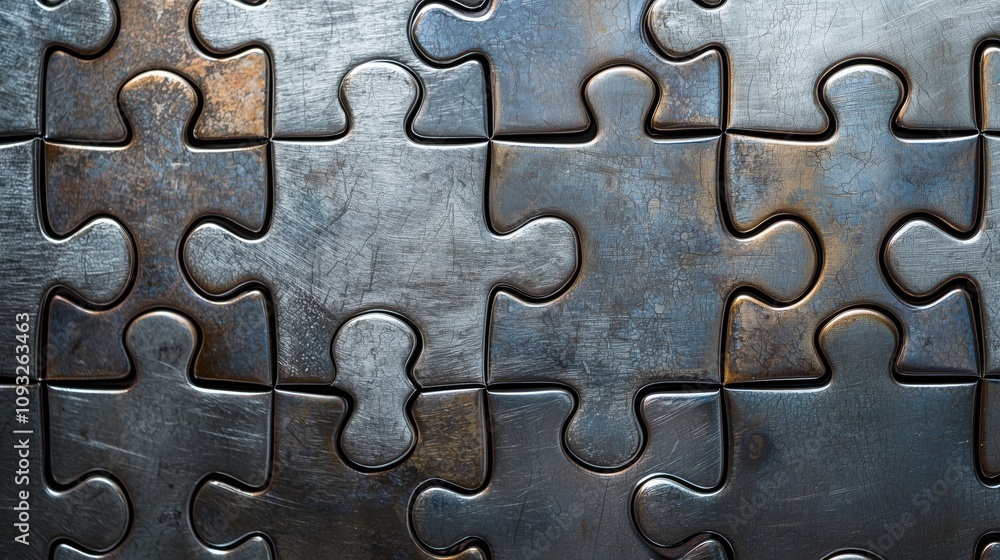 Poster intricate arrangement of metallic puzzle pieces highlighting texture and reflective surfaces in a un