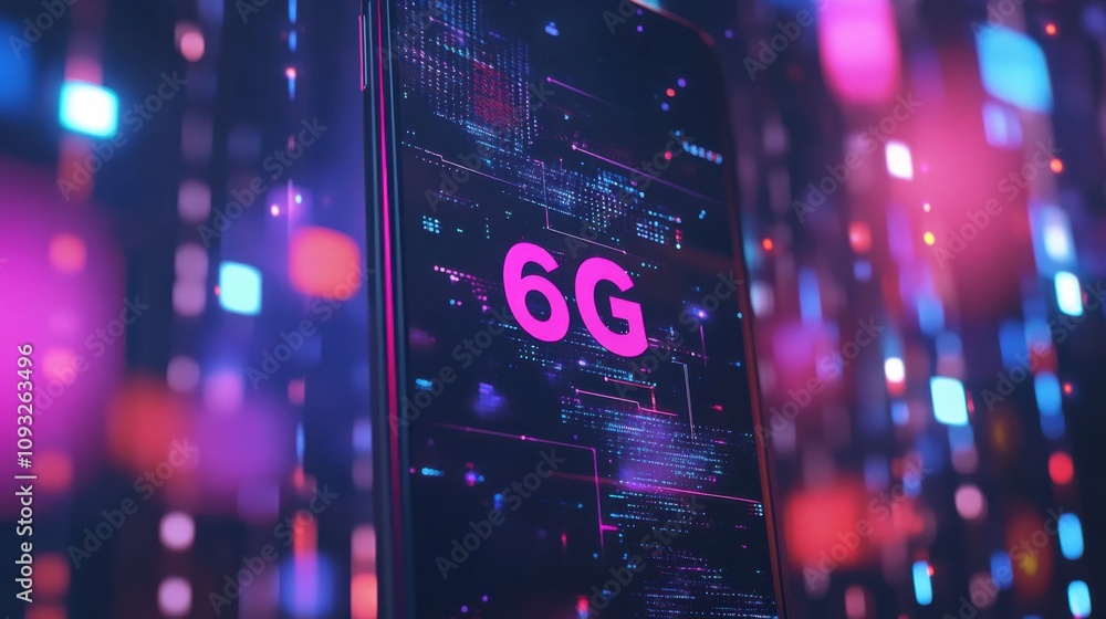 Poster Futuristic smartphone display showcasing vibrant visual elements with 6G technology symbolizing the next generation of mobile connectivity and digital innovation.