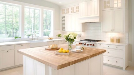 Fototapeta premium Cozy Farmhouse Kitchen with Wooden Counters and Soft Cream Cabinetry