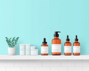 Medicine bottles and boxes on counter, pharmacy setting, flat design illustration
