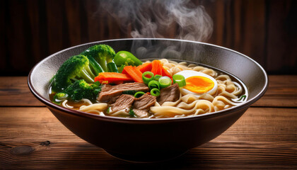 A steaming bowl of ramen noodle soup is garnished with a soft-boiled egg, broccoli, sliced meat, and carrots in a dark ceramic bowl.