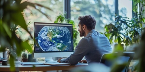 A man works at a bright desk surrounded by green plants. He is focused on his computer, studying a globe image. This scene shows a modern office style that promotes productivity and creativity. AI