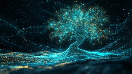 Naklejka premium Digital Representation of a Luminous Tree with Glowing Branches and a Futuristic Aesthetic in a Cosmic Landscape