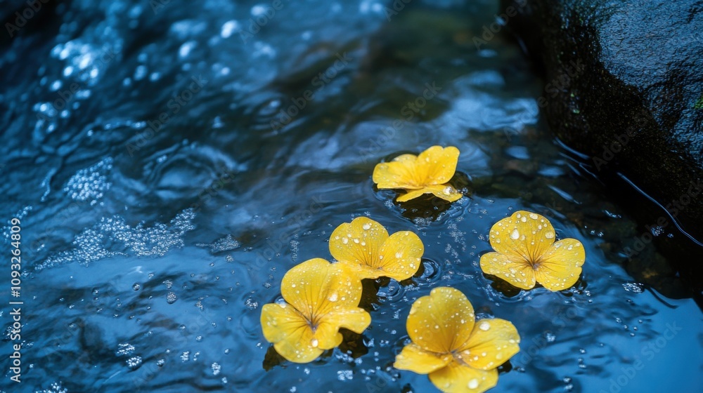 Poster tranquil scene of yellow flowers floating on calm water surface with gentle bubbles and smooth rocks