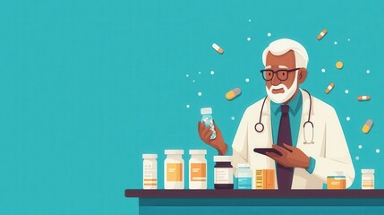 Pharmacist advising senior customer, healthfocused interaction, flat design illustration