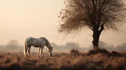 a horse grazing in a field at dawn empty space on the right side Ambient Light,generative ai illustration