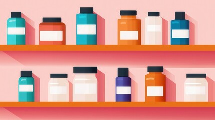 Pharmacy shelves with price tags and promotions, inviting display, flat design illustration