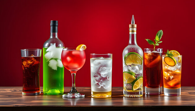 Different alcohol drinks on wooden table against red background. Space for text isolated with white highlights, png