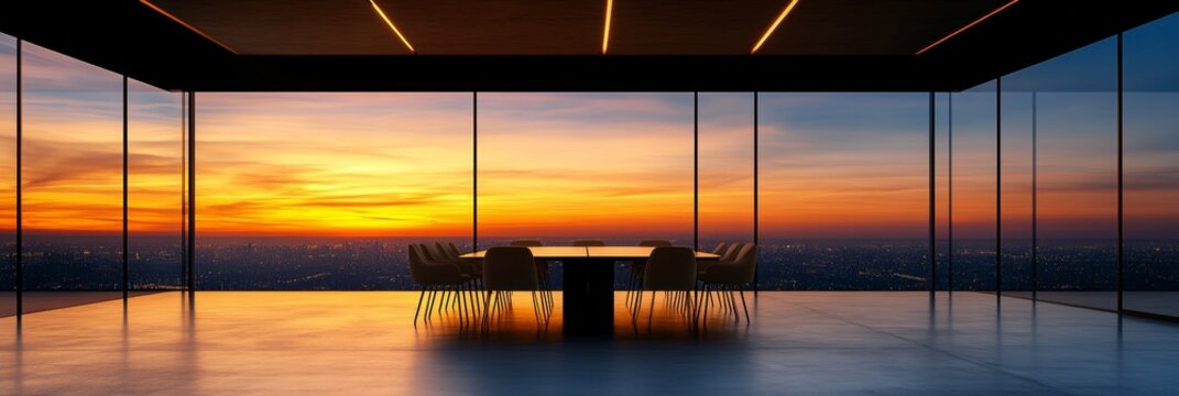 A modern conference room with floor-to-ceiling windows offers breathtaking sunset views over a cityscape. The room is bathed in warm, golden light, creating a serene and inspiring atmosphere.