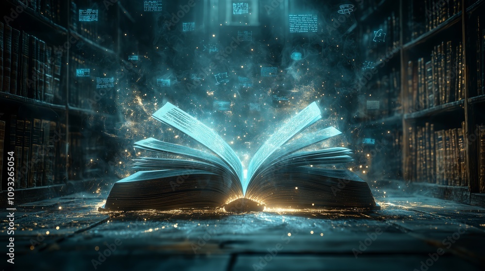 Poster ethereal open law book glowing with enigmatic light surrounded by bookshelves in an enchanted librar