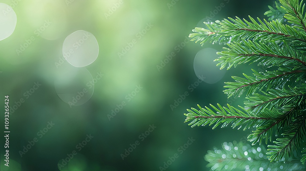 Poster close-up of evergreen pine branch with soft bokeh background, capturing the serenity of nature and t