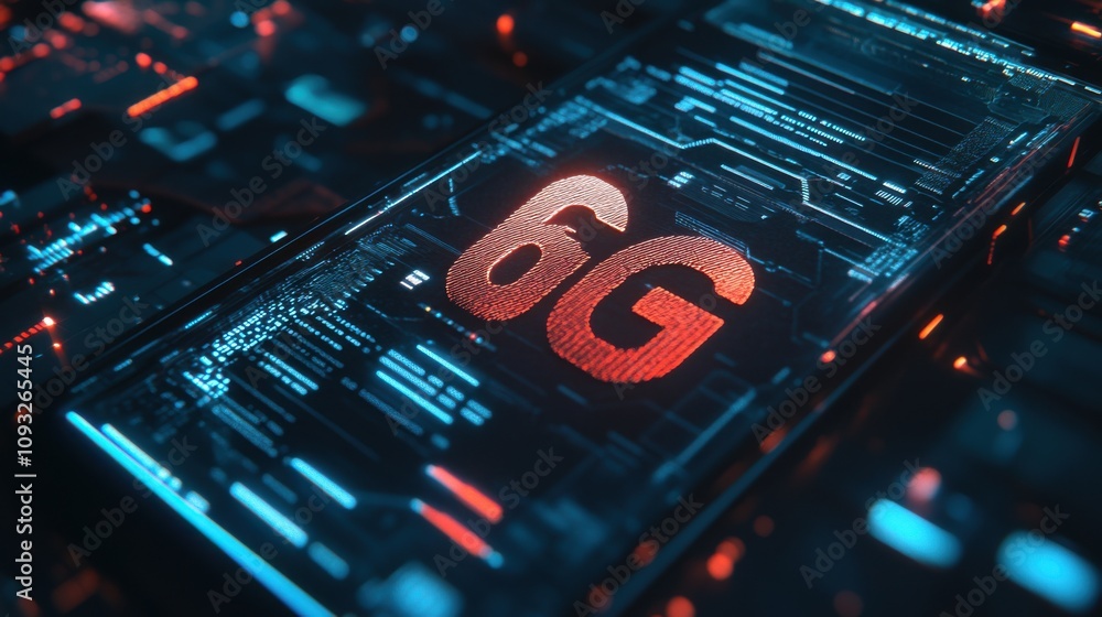 Poster futuristic mobile technology concept showcasing 6g network connectivity with dynamic abstract visual