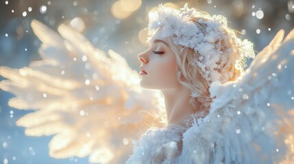 Close up of a beautiful  angel  with closed eyes and her wings spread in winter, bokeh background