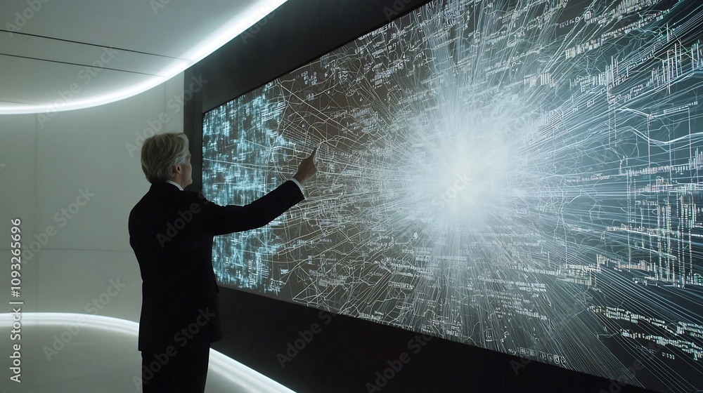 Poster futuristic ceo interacting with floating holographic dashboard displaying financial data and charts 
