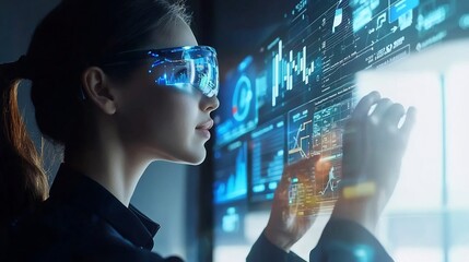 Futuristic CEO Interacting with Holographic Financial Dashboard and Data Displays