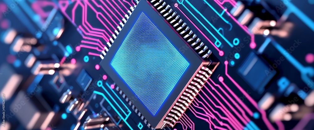 Poster text in neon with digital blocks symbolizes stock and neural networks.