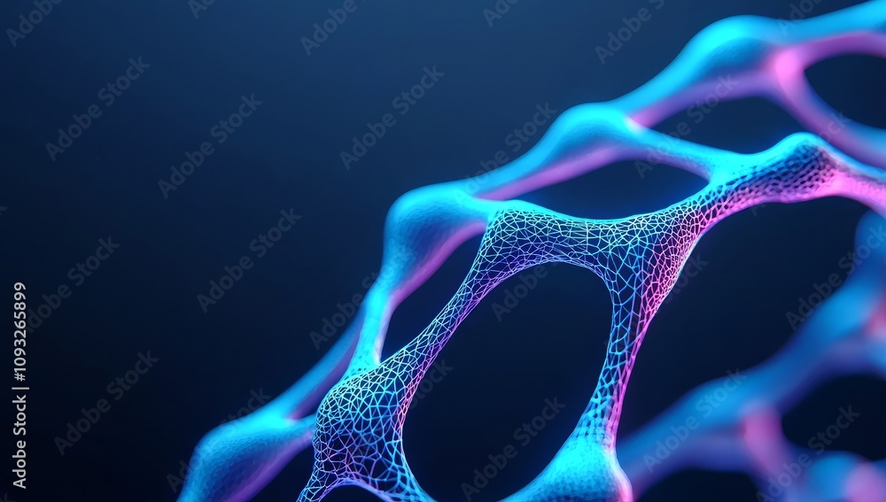 Poster a neural network representing data flow and stock with interconnected nodes.