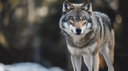 Obraz premium A majestic wolf standing confidently in a serene forest, showcasing its striking features and wild beauty.