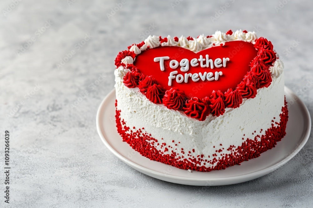 Poster a simple 2d drawing of a heart-shaped cake with the words 