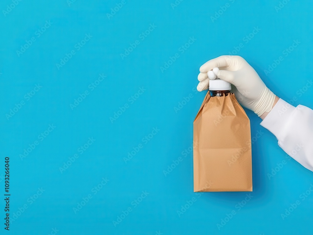 Wall mural Pharmacist placing medicine into paper bag, ecoconscious theme, flat design illustration