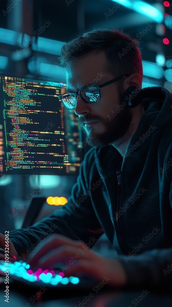 Poster programmer coding on holographic interface in minimalist futuristic space