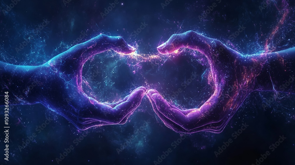 Poster Abstract Rendering of Intertwined Human Hands in a Cosmic Setting, Symbolizing Connection and Unity through Vibrant Colors and Ethereal Light Effects