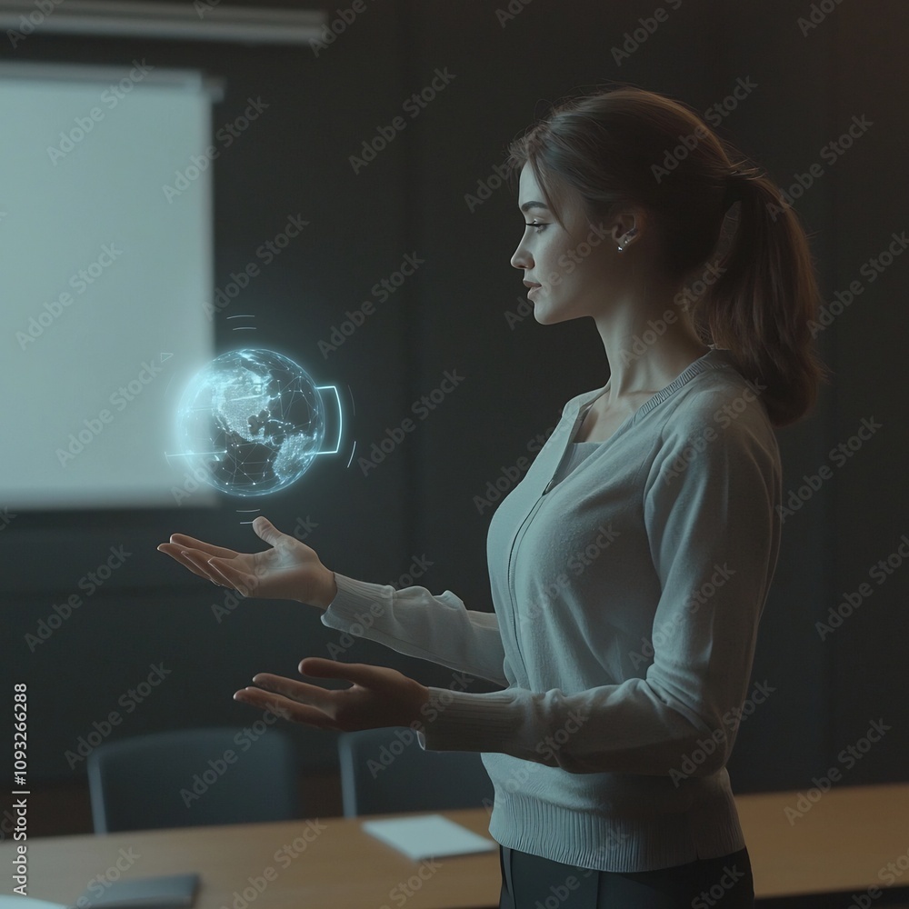 Poster teacher explaining holographic planet model to virtual classroom students with digital elements