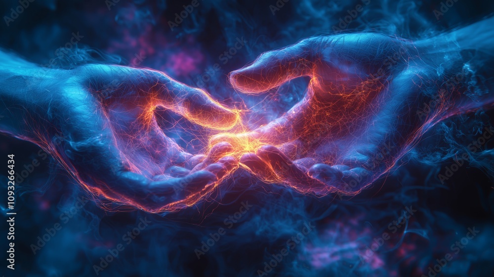 Poster Abstract Rendering of Intertwined Human Hands with Glowing Energy Conveying Connection and Emotion in a Surrealistic Digital Environment