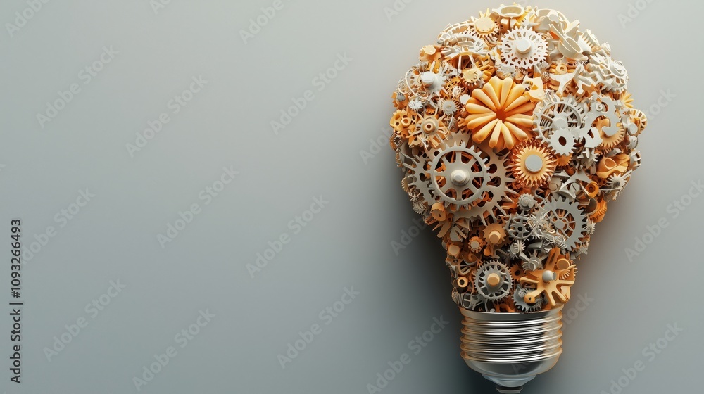 Poster conceptual light bulb sculpture composed of intricate gears and mechanical elements representing inn