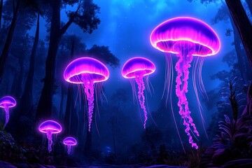 A soft watercolor painting of an aquarium with glowing jellyfish and a serene, blue-toned ambiance