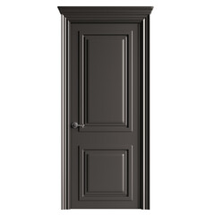A dark wooden door with a silver handle and a silver knob