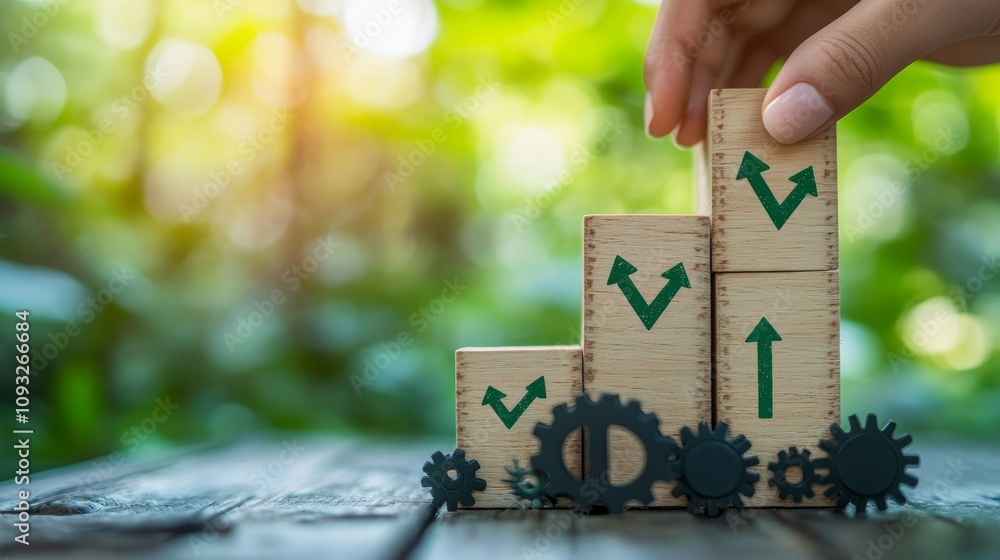 Aufkleber hand placing wooden block with upward arrow on growing stack of blocks and gears.
