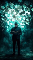 Fototapeta premium Office Worker Managing Digital Documents via Holographic File Manager in Futuristic Workplace