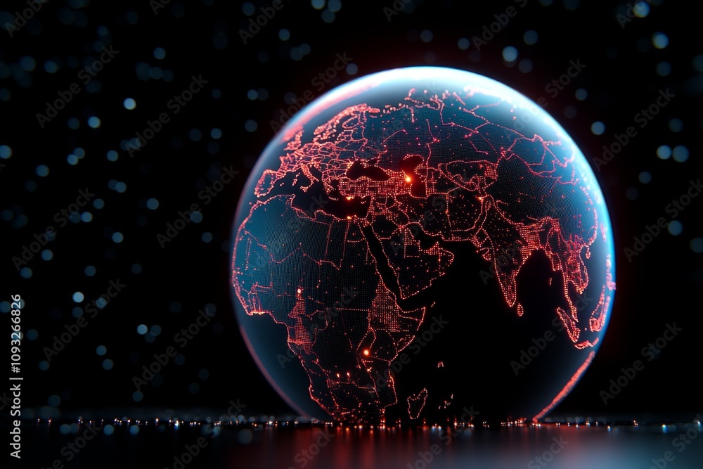 Poster a vibrant 3d illustration of interconnected data points forming a globe, with charts and graphs orbi
