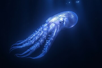 A luminous octopus gracefully navigates the dark depths of the ocean.
