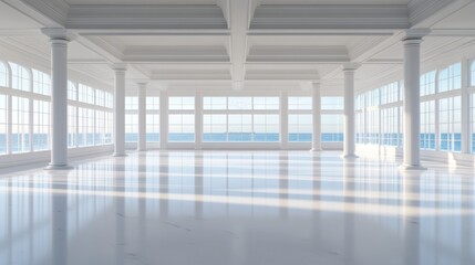 Obraz premium A bright, airy interior space with tall white columns and large windows offering an ocean view. The polished floor reflects the sunlight, creating a serene and elegant atmosphere.