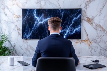 A team in a conference room, discussing analytics displayed on a wall-sized digital screen