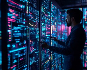 Data Analyst Visualizing Holographic Big Data Insights on Minimalist Backdrop