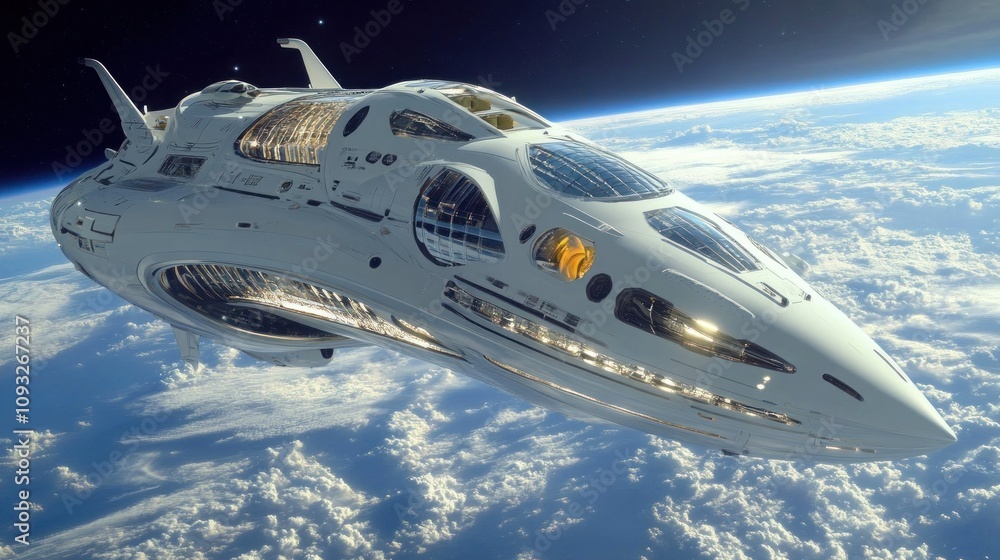 Poster futuristic spaceship floating above earth in a stunning cosmic landscape with detailed structural fe