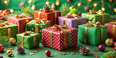 Christmas Presents, Papercraft, High Depth of Field, Green Background