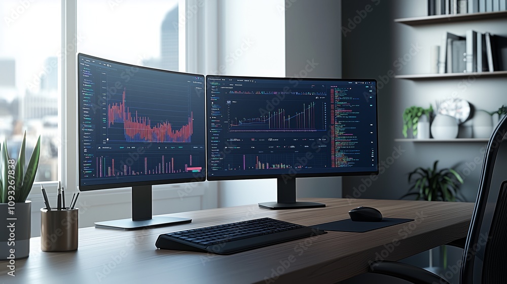 Poster modern workspace setup featuring dual monitors, ideal for professionals and remote work, showcasing 