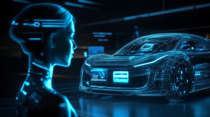 Futuristic Concept: Stylish Japanese Businessman Riding on a Back Seat of an Autonomous Self-Driving Zero-Emissions Electric Car. He is Riding on the Highway in the City of the Future.